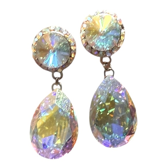 Vintage Aurora Borealis Clip On Statement Earrings Teardrop Dangle - Picture 1 of 2